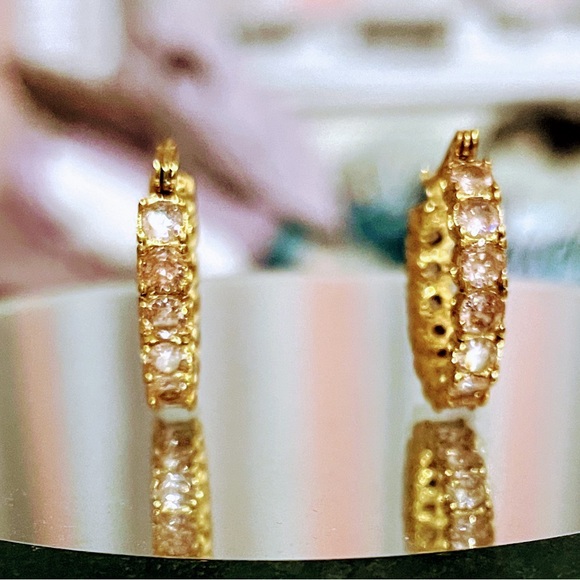 Vermeil Gold with Pink Stones Hoop Earrings - Picture 3 of 3